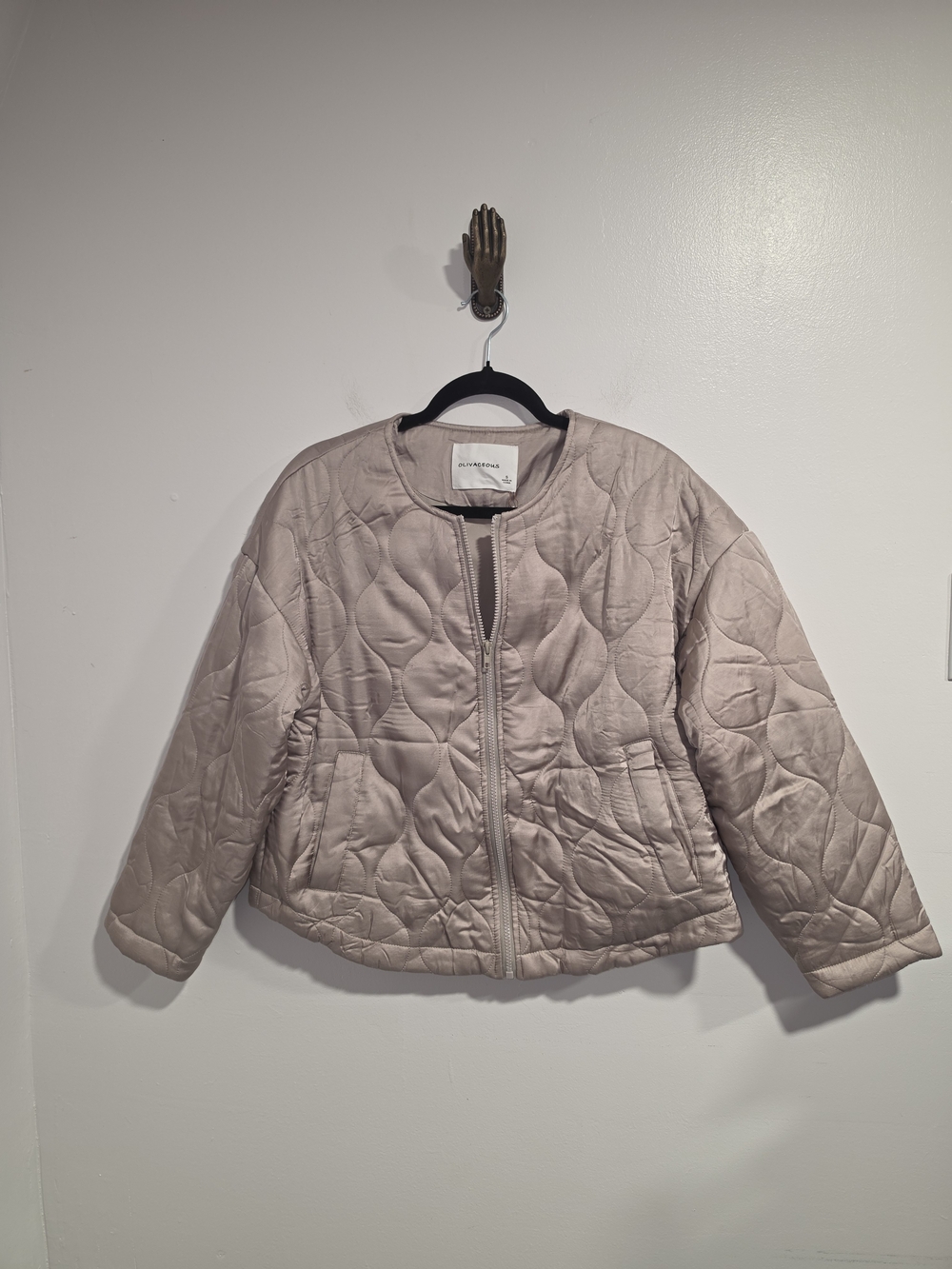 NWT Olivaceous Taupe Quilted Puffer Lighweight Satin Jacket Women's Size Small